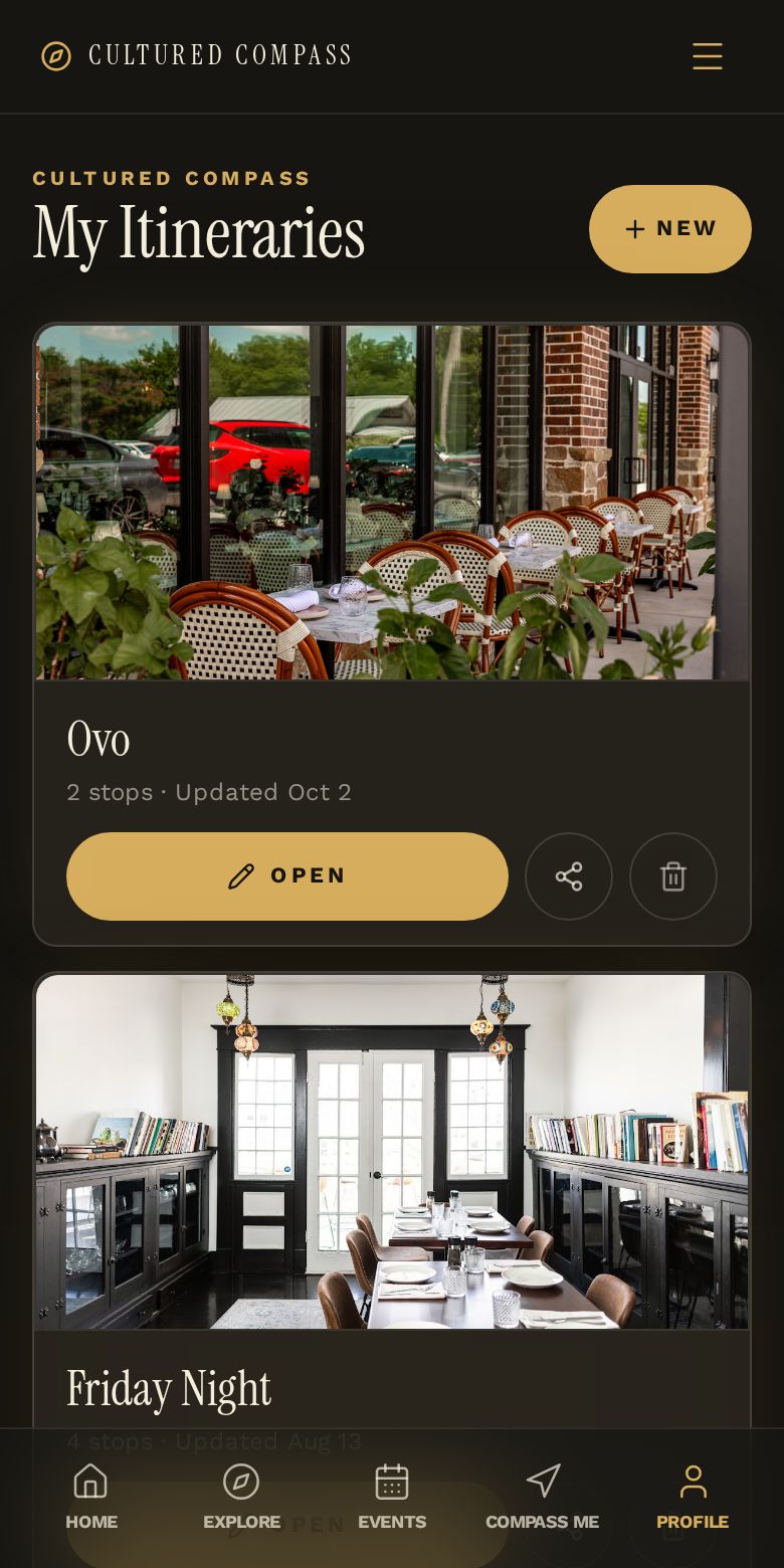 Cultured Compass Itineraries screen