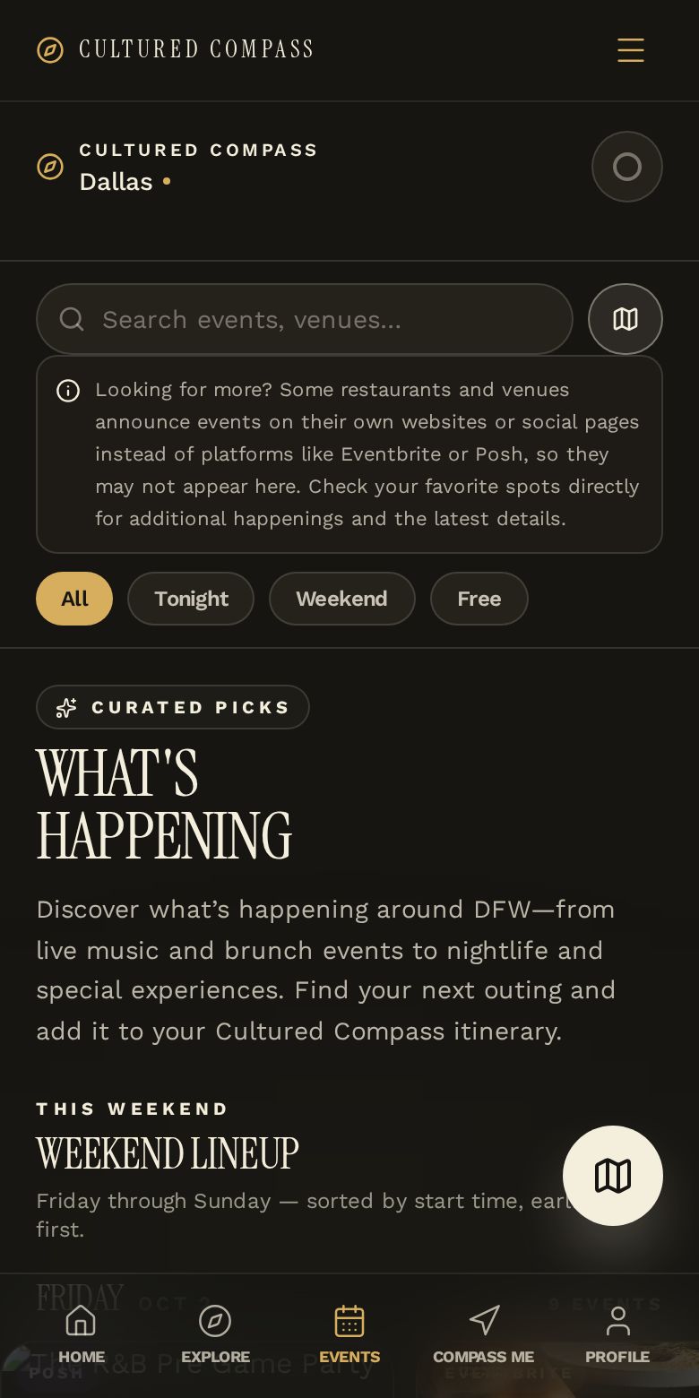 Cultured Compass Events screen